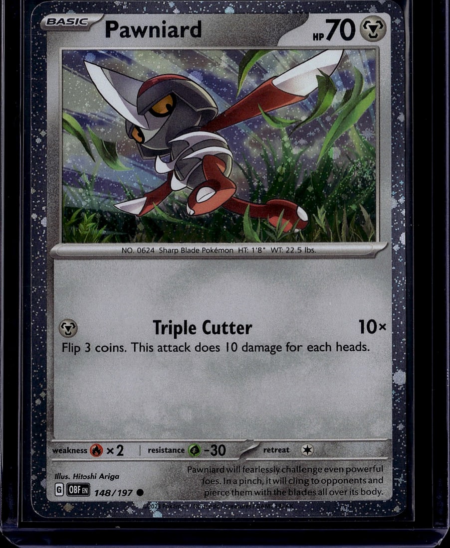 Pawniard 148/197 Scarlet & Violet Pokemon Card -: This is a Basic Pokemon card featuring Pawniard, the Sharp Blade Pokemon (No. 0624), from the Scarlet & Violet set. The card displays excellent artwork by Hitoshi Ariga showing Pawniard in a dynamic