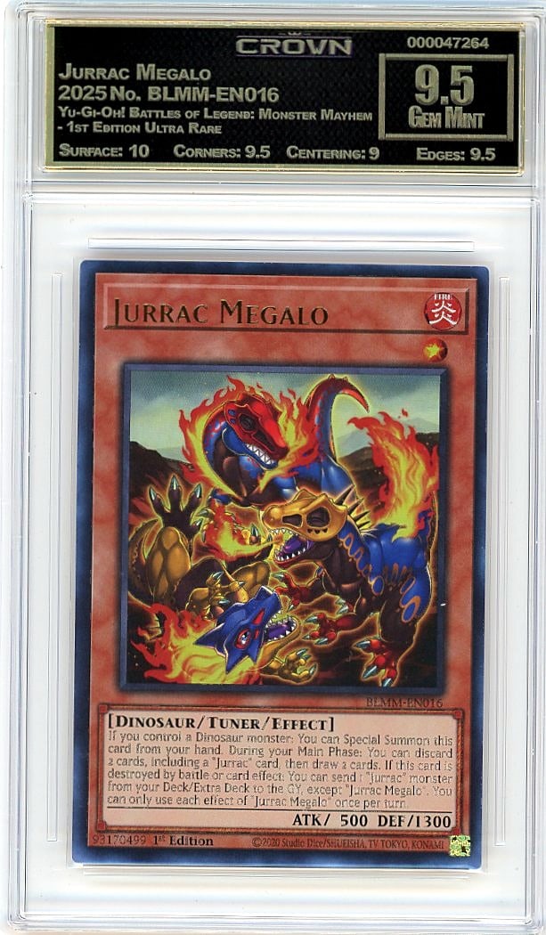 2025 Jurrac Megalo BLMM-EN016 Ultra Rare 1st Ed C: This is a 2025 Jurrac Megalo trading card from the Yu-Gi-Oh! Battles of Legend: Monster Mayhem set, 1st Edition Ultra Rare. The card is identified by number BLMM-EN016 and represents a key collectible