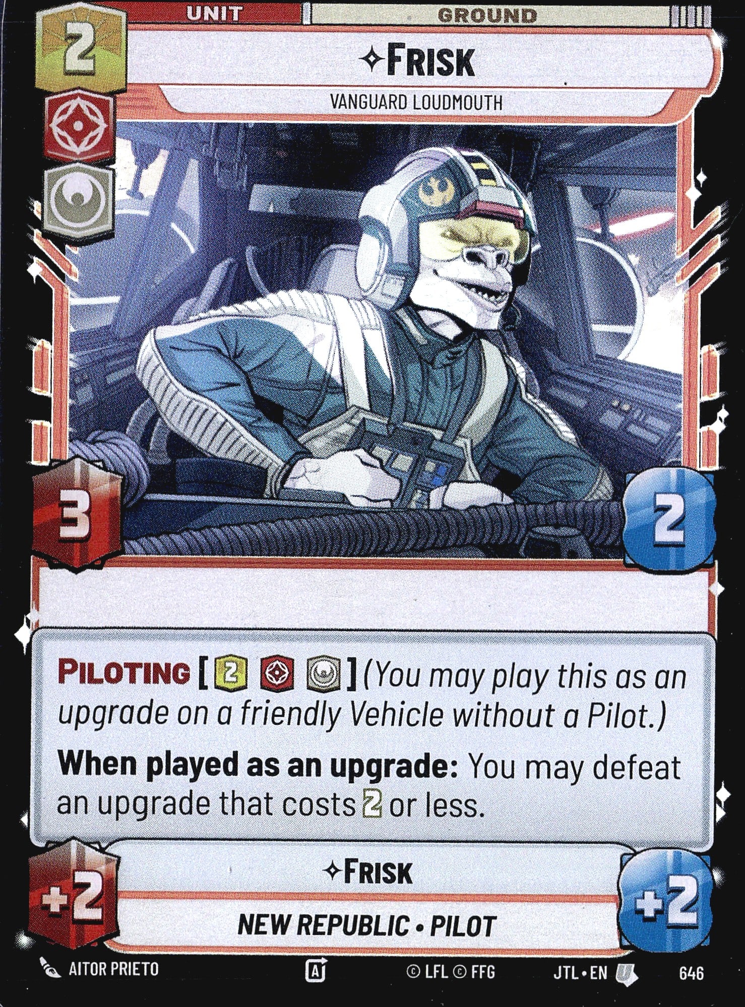 Star Wars Unlimited Frisk Vanguard Loudmouth #646: This listing features Frisk, Vanguard Loudmouth, card #646 from the Star Wars Unlimited trading card game set Jump to Lightspeed (JTL). Frisk is a Ground Unit card affiliated with the New Republic,