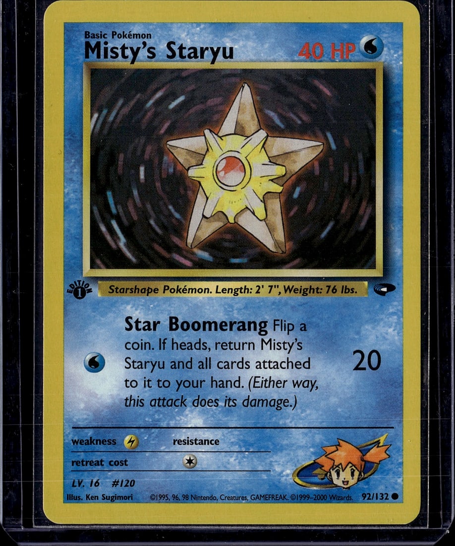 Misty's Staryu 92/132 Gym Heroes Pokemon Card 199: This is an authentic Misty's Staryu Pokemon trading card from the Gym Heroes set, released in 1999 by The Pokemon Company and printed by Wizards of the Coast. Card number 92/132, this Basic Water-type