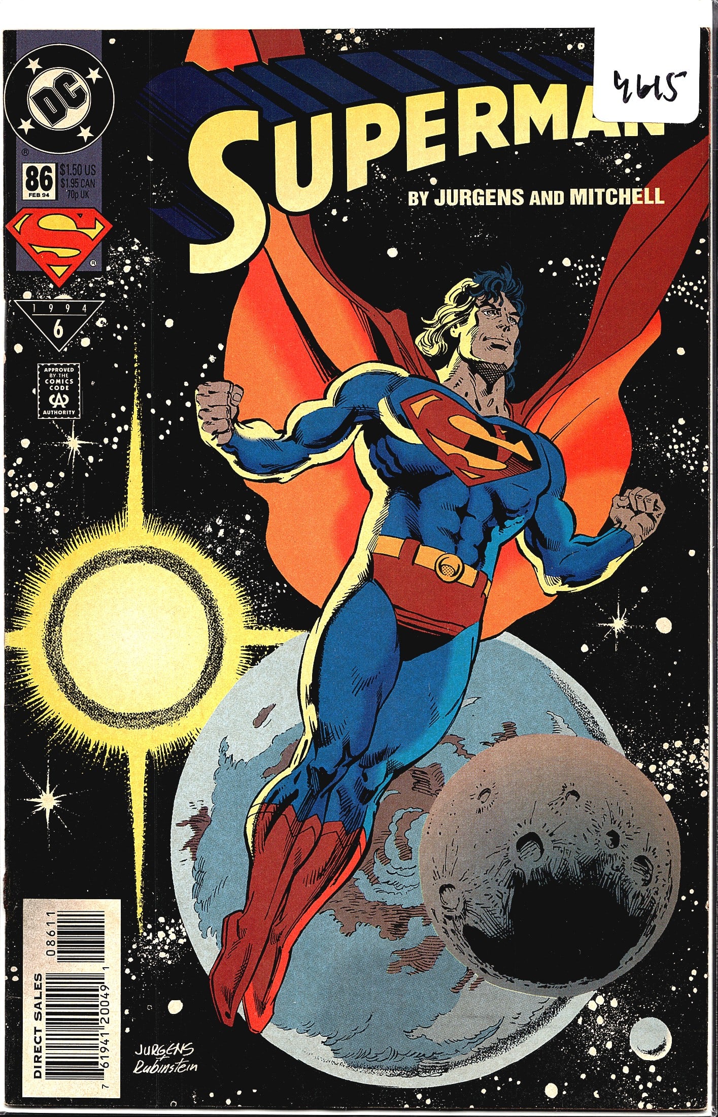 1994 DC Superman Vol. 2 #86 1st Print Comic Book: Superman #86, published by DC Comics, dated February 1994, from the ongoing Superman Vol. 2 series. This issue is written and illustrated by Dan Jurgens with inking by Rubinstein, as credited on the