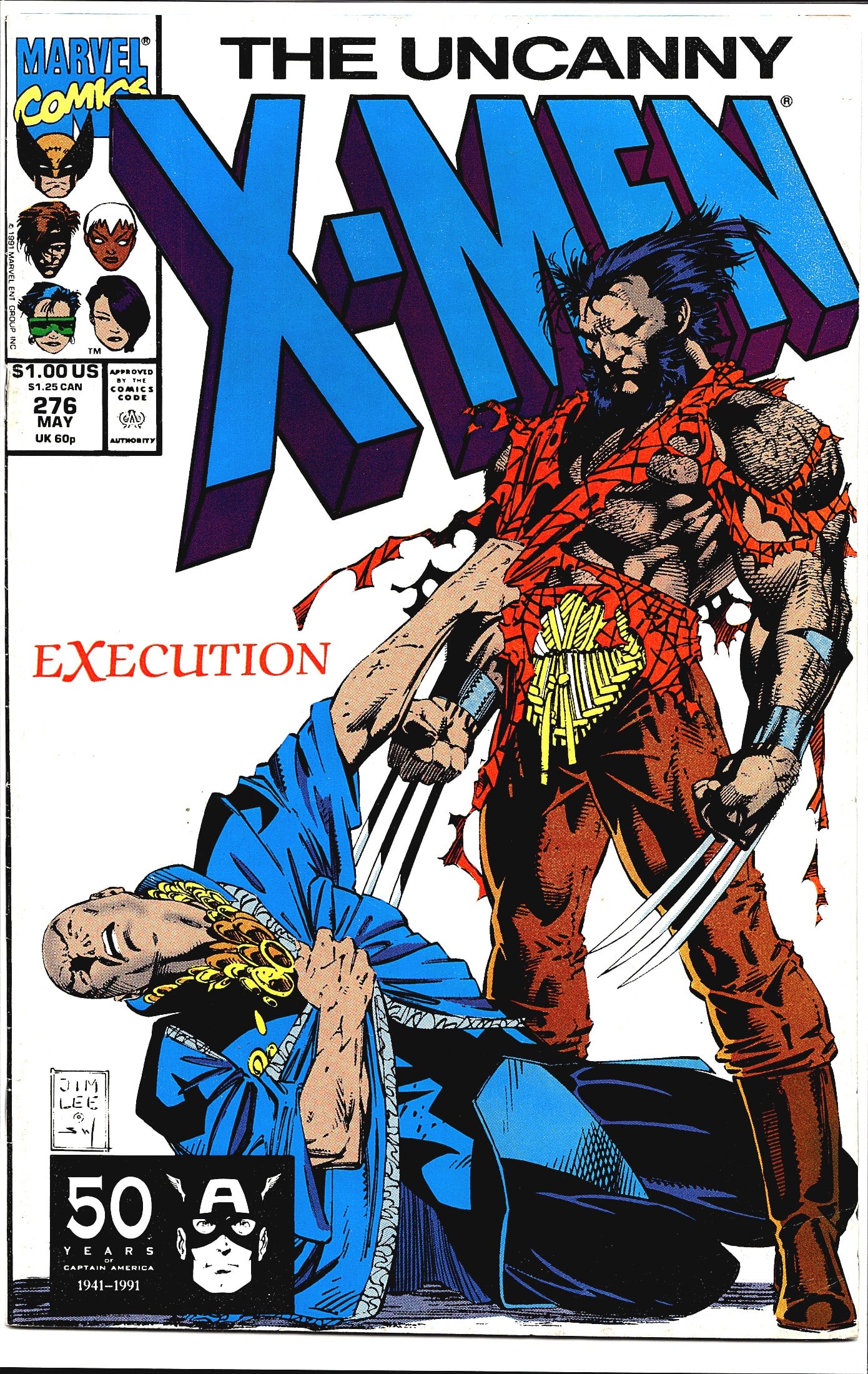1991 Uncanny X-Men #276 Marvel Comics Wolverine E: This is The Uncanny X-Men #276, published by Marvel Comics in May 1991, priced at $1.00 US. The issue is titled 'Execution' and features a striking cover by artist Jim Lee, depicting Wolverine in a