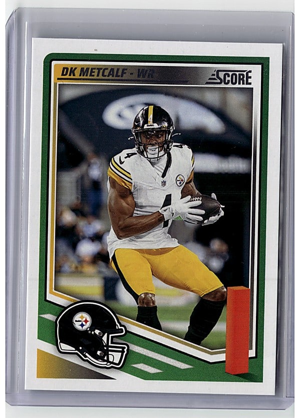 2025 Score DK Metcalf #264 Football Card Mint Con: This is a 2020 Score DK Metcalf football card featuring the Pittsburgh Steelers wide receiver in his iconic white away uniform. The card displays sharp focus on Metcalf's athletic prowess as he