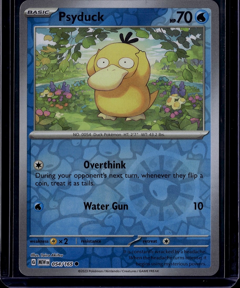 2023 Pokemon Scarlet Violet Psyduck 054/165 Basic: This is a 2023 Pokemon Scarlet & Violet Base Set Psyduck Basic Pokemon card, card number 054/165. Psyduck is a Water-type Duck Pokemon featuring its signature confused expression and standing in a