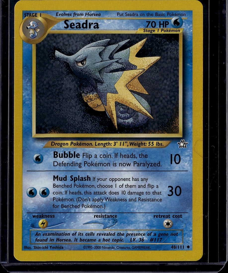Seadra Neo Genesis 48/111 Pokemon Card Single - V: This is an authentic Seadra Pokemon card from the vintage Neo Genesis set, released in 2000. Card number 48/111, this Stage 1 Water-type Dragon Pokemon features excellent artwork by Shin-ichi