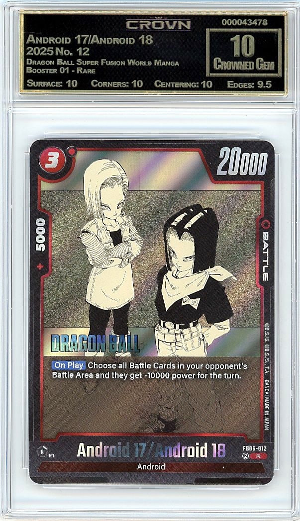 2025 Android 17/Android 18 Dragon Ball Super Fusi: This is a 2025 Android 17/Android 18 trading card from the Dragon Ball Super Fusion World Manga Booster 01 - Rare set, card number 12. It represents a key character pairing from the Dragon Ball