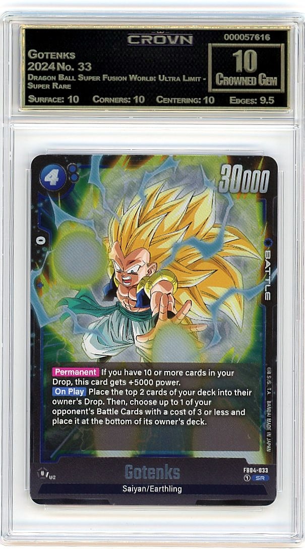 2024 Gotenks Dragon Ball Super Fusion World Ultra: This is a 2024 Gotenks card from the Dragon Ball Super Fusion World: Ultra Limit set, card number 33. It's a Super Rare designation, making it a sought-after pull from this premium release. The card r