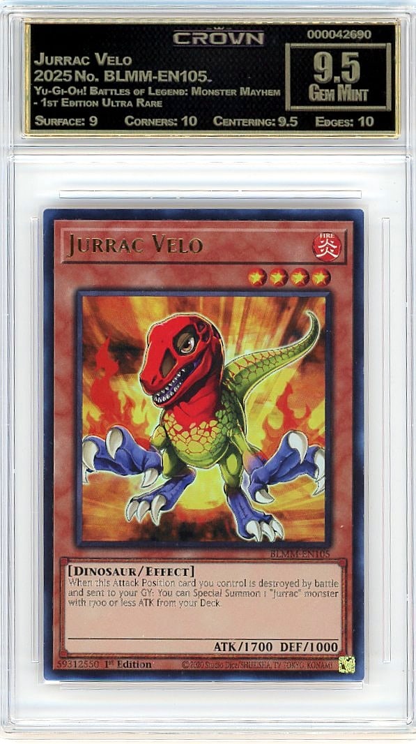 2025 Jurrac Velo BLMM-EN105 Ultra Rare 9.5 Crown: This is a 2025 Jurrac Velo card from the Yu-Gi-Oh! Battles of Legend: Monster Mayhem set, 1st Edition Ultra Rare. Card number BLMM-EN105. A premium collectible from one of the most sought-after modern
