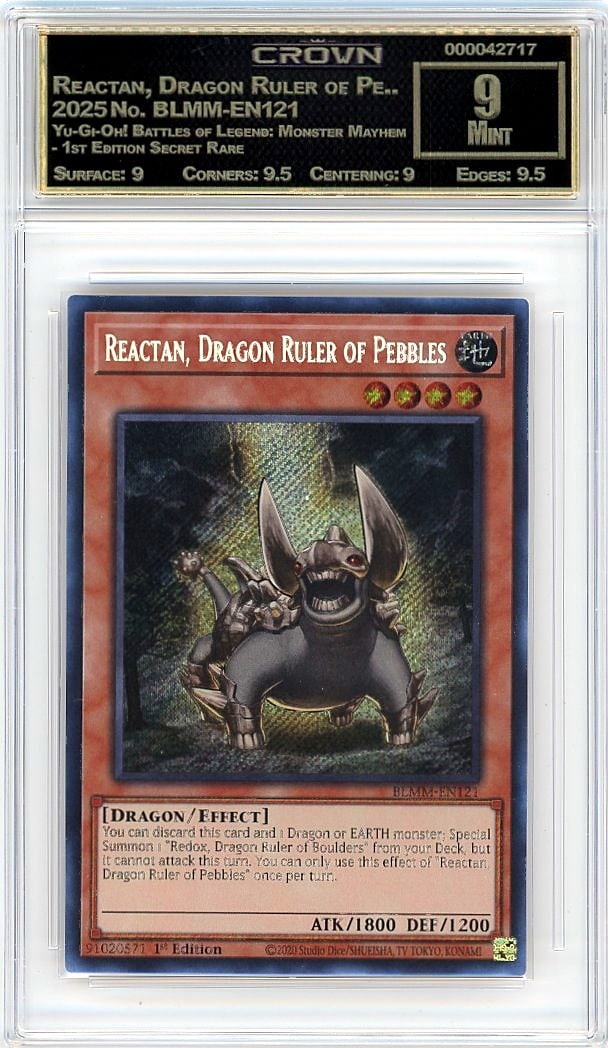 2025 Reactan Dragon Ruler BLMM-EN121 Secret Rare: This is a 2025 Reactan, Dragon Ruler of Pe.. card from the Yu-Gi-Oh! Battles of Legend: Monster Mayhem 1st Edition Secret Rare set, card number BLMM-EN121. A standout card for any serious collector