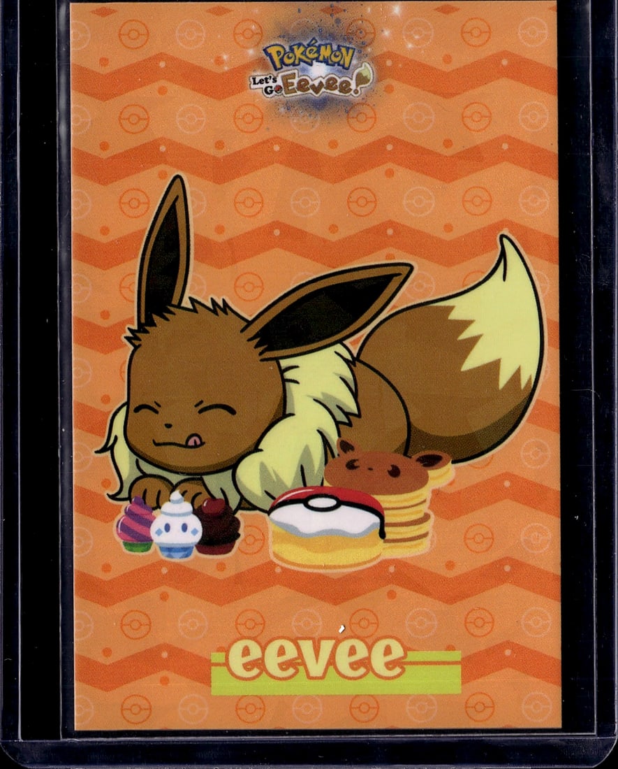 Pokemon Let's Go Eevee Card - Eevee Character Car: This is an official Pokemon Let's Go Eevee promotional card featuring the beloved character Eevee in Near Mint condition. The card displays vibrant artwork of Eevee surrounded by berries and Poke
