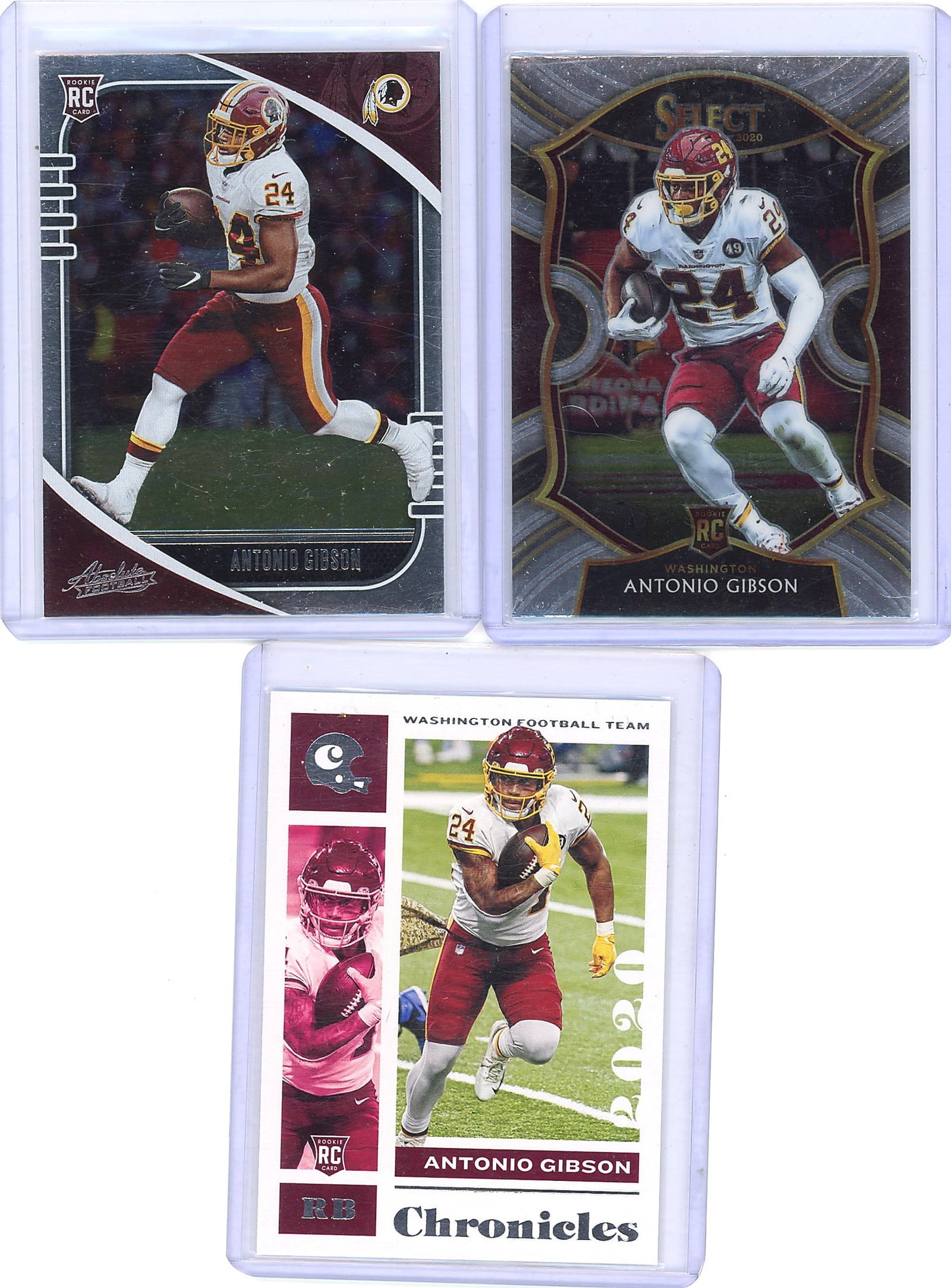 2020 Panini Chronicles Antonio Gibson #109 Footba: Lot of 3 Antonio Gibson 2020 Panini rookie cards featuring the Washington Football Team running back. Includes 2020 Panini Absolute #109, 2020 Panini Select #72, and 2020 Panini Chronicles. Cards show