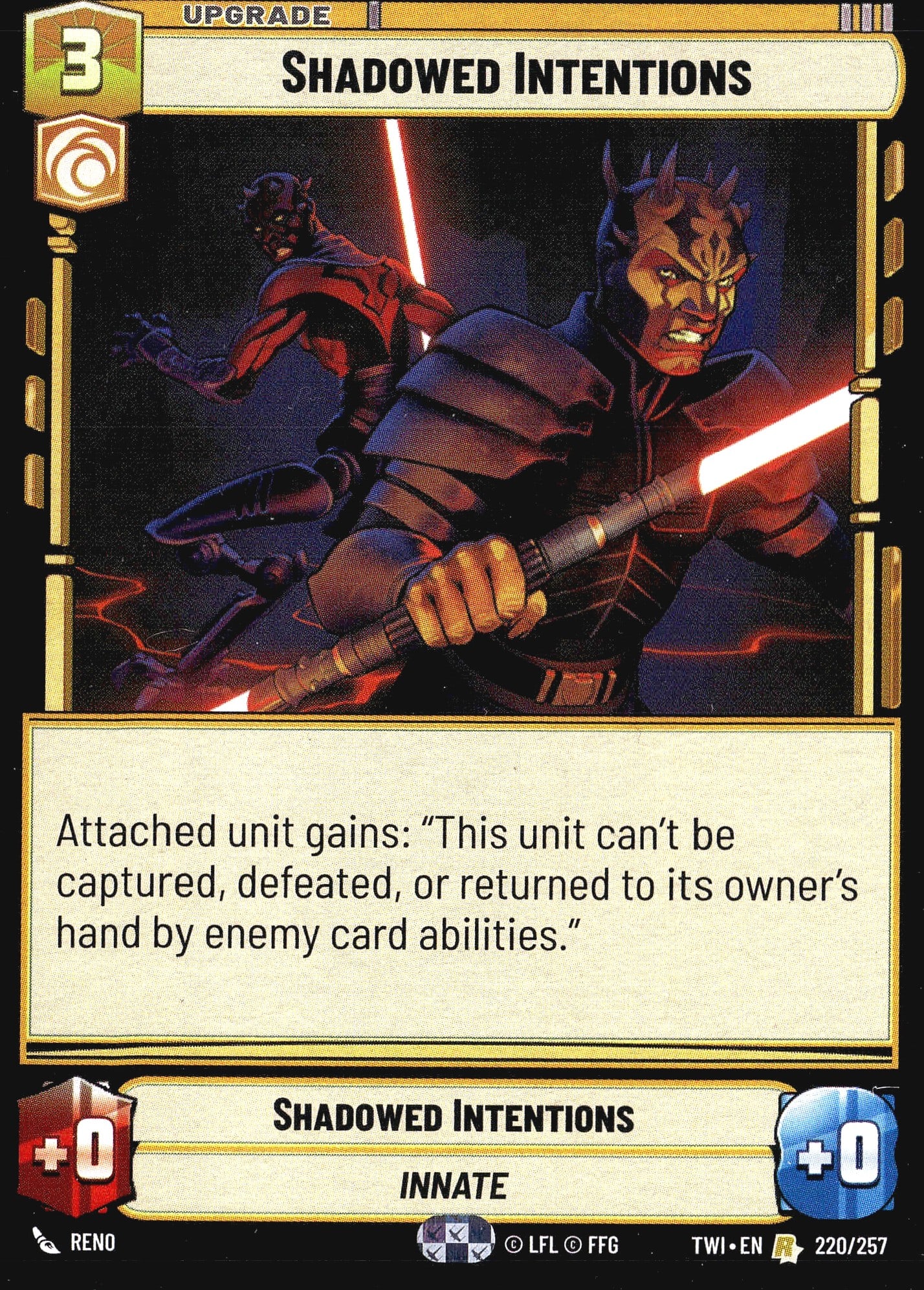 2024 Fantasy Flight Games Star Wars Unlimited Twi: This listing is for Shadowed Intentions (card #220/257) from the Star Wars Unlimited trading card game set Twilight of the Republic (set code TWI, English edition). It is an Upgrade card with a cost o