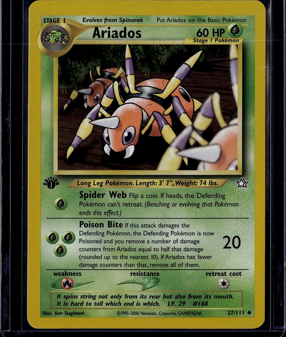 Ariados 168 Neo Genesis Pokemon Card Stage 1 Raw: This is an ungraded, raw Ariados Pokemon trading card from The Pokemon Company's Neo Genesis set, printed in 2000. Card #168 features this Stage 1 Long Leg Pokemon with 60 HP in excellent condition. T