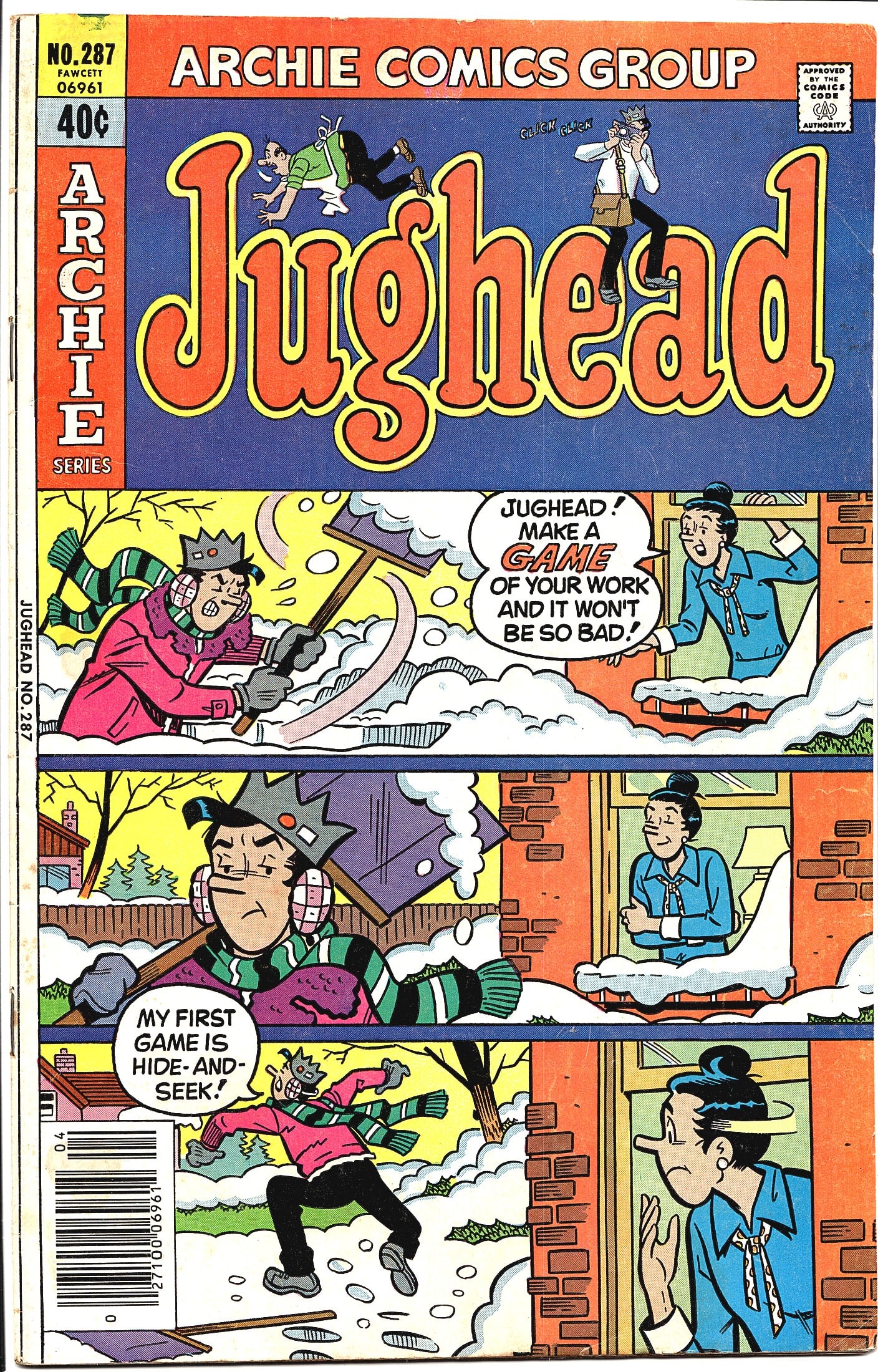 1979 Archie Comics Group Jughead #287 Comic Book: This is Jughead #287 published by Archie Comics Group under the Fawcett imprint, priced at 40 cents on the cover. The issue features Jughead on the cover in a three-panel comic strip sequence showing