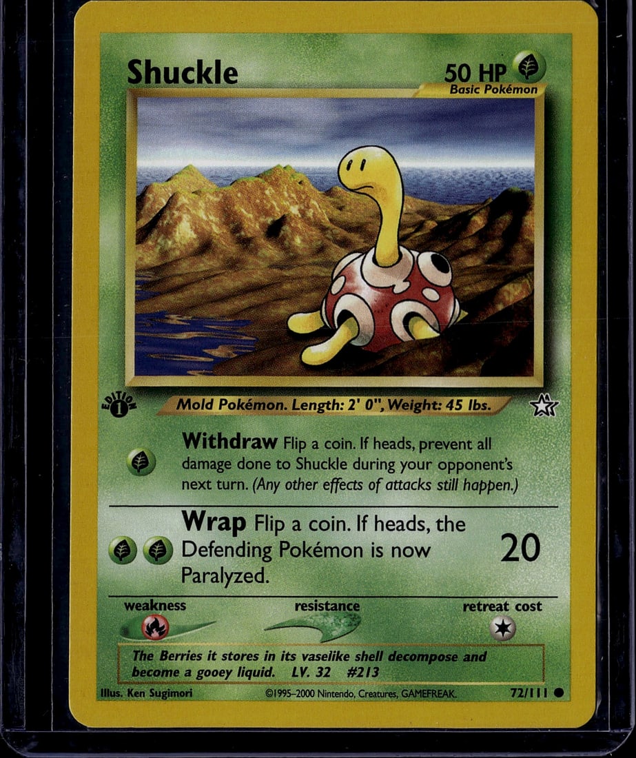 Shuckle Base Set Pokemon Card 72/111 - 50 HP Basi: This is an original Shuckle Pokemon Trading Card Game card from the Base Set era (1995-2000). Card #72/111 features the Mold Pokemon with 50 HP and a Grass-type designation. The card displays two atta