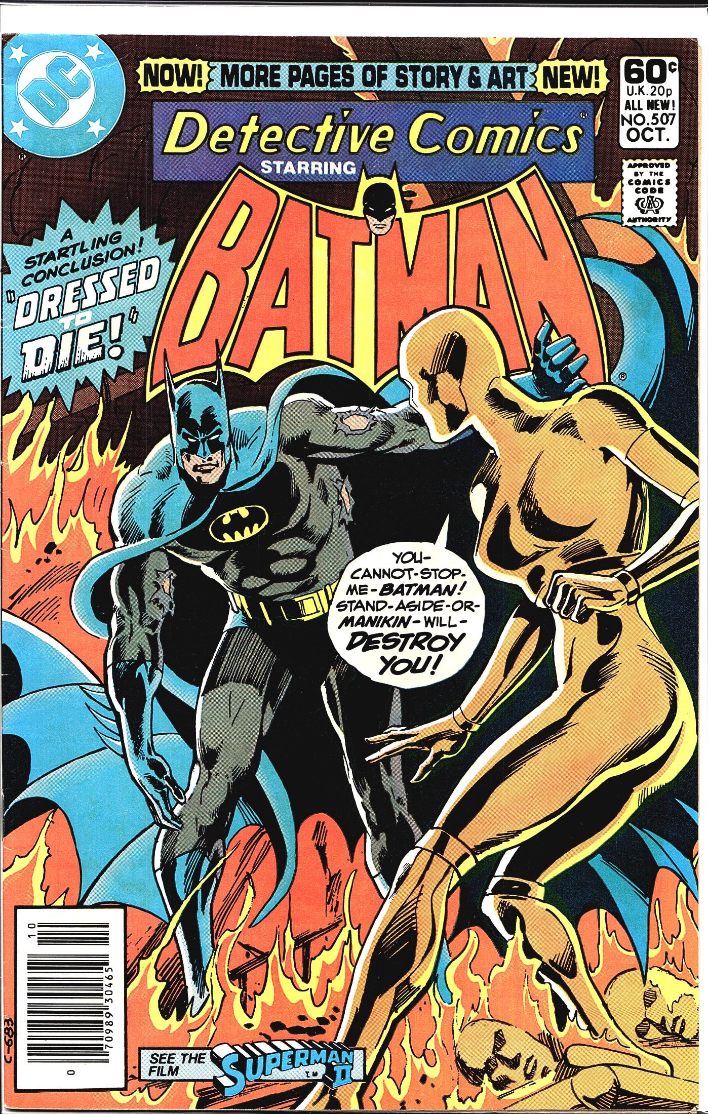 Detective Comics #507 Batman 'Dressed to Die' DC: Detective Comics #507 starring Batman, published by DC Comics, cover-dated October 1981. This issue features the story conclusion 'Dressed to Die!' with Batman facing the villain Manikin amid a fiery 