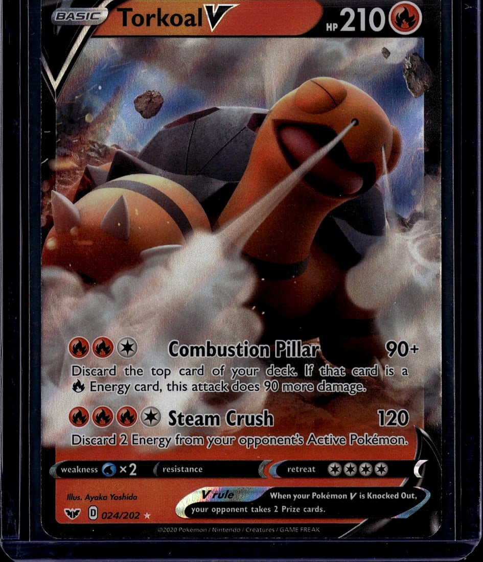 2020 Sword & Shield Torkoal V 024/202 Pokemon Car: This is a raw Torkoal V Pokemon card from the Sword & Shield set, released in 2020 by The Pokemon Company. Card number 024/202, this Fire-type V card features 210 HP and stunning illustration by Ayaka