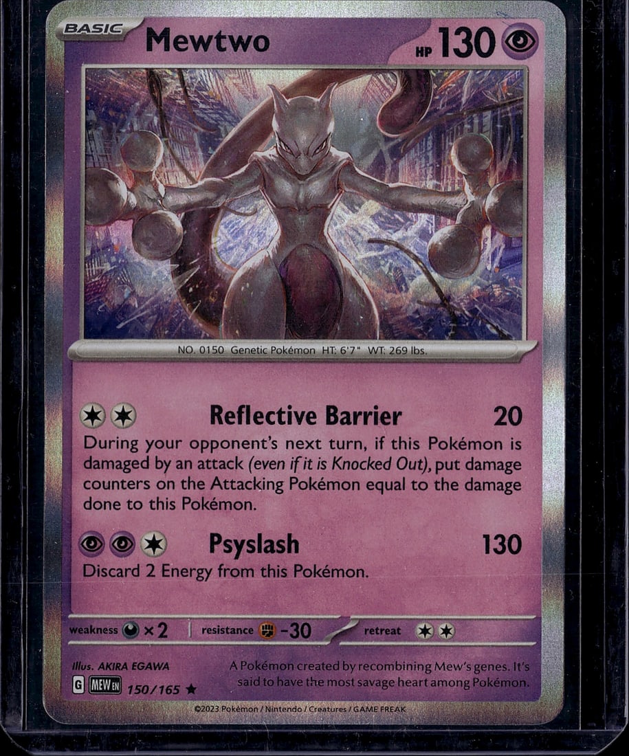 Mewtwo 150/165 Scarlet & Violet Pokemon Card - Ho: This is a raw Mewtwo Holo Rare card from the Pokemon Scarlet & Violet set, card number 150/165. Mewtwo is a Psychic-type Basic Pokemon with 130 HP, featuring the iconic Reflective Barrier attack and p