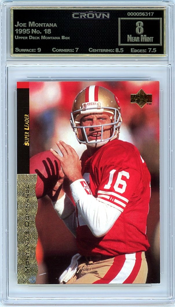 1995 Joe Montana Upper Deck Montana Box #18 Crown: This is a 1995 Joe Montana card from the Upper Deck Montana Box set, card number 18. It's a vintage piece from one of the most iconic decades of sports card collecting, featuring one of football's gre