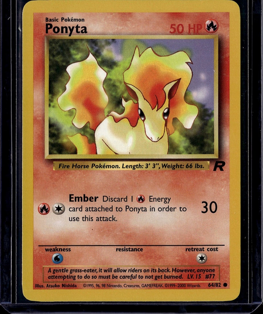 Ponyta Base Set 64/82 Pokemon Card 1999 Fire Hors: This is a vintage Ponyta Pokemon trading card from the iconic Base Set, released in 1999 by The Pokemon Company and printed by Wizards of the Coast. Card #64/82 features the Fire Horse Pokemon with it