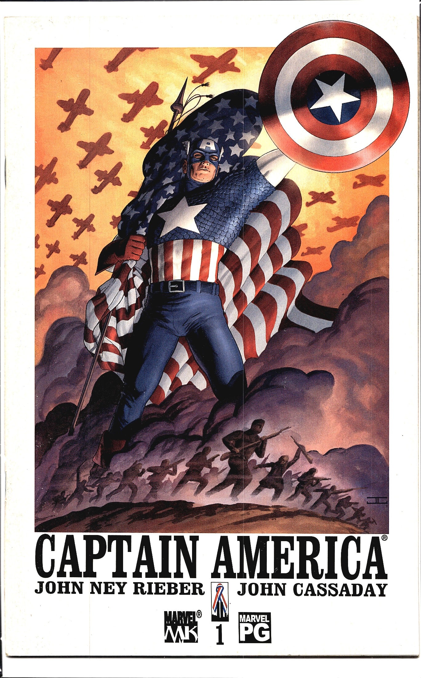 Captain America #1 Marvel Knights 2002 Rieber Cas: This is Captain America #1 from Marvel's Marvel Knights (MK) imprint, written by John Ney Rieber with art by John Cassaday. The cover features Captain America standing heroically against a wartime bac