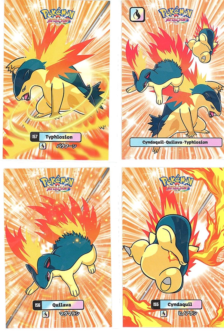 Pokemon Cyndaquil Quilava Typhlosion Holo Lot Raw: Raw Pokemon lot featuring cards 155-158: Cyndaquil, Quilava, Typhlosion, and a fusion card (Cyndaquil-Quilava-Typhlosion). All cards display the fire-type holo foil finish with vibrant orange burst ba