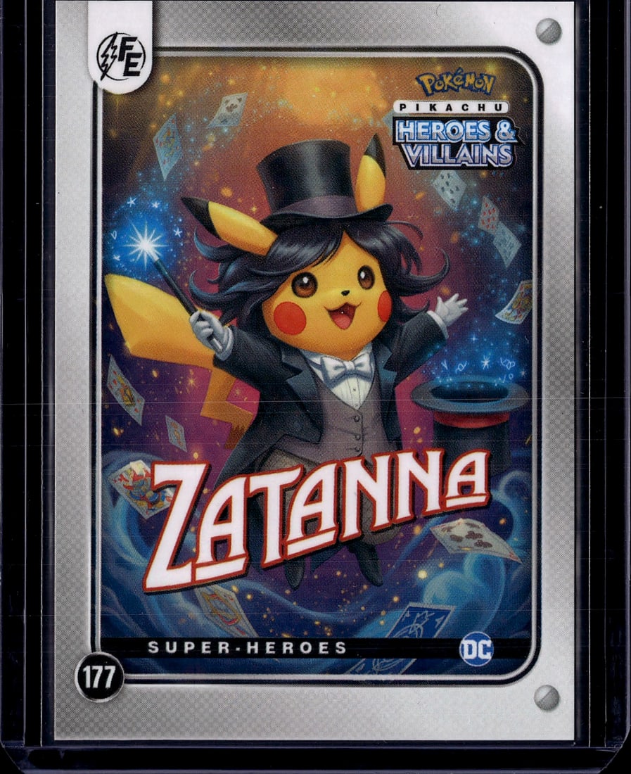 Pokemon Pikachu Heroes & Villains #177 Zatanna Su: This is a highly sought-after Pokemon Pikachu Heroes & Villains promotional card featuring card #177 from the Super-Heroes subset. The card showcases a beautifully illustrated version of Pikachu dress