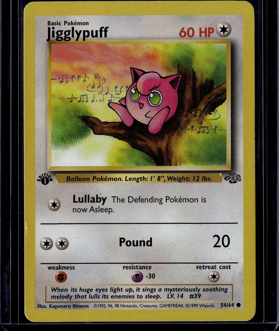 Jigglypuff Base Set 54/64 Pokemon Card 1999 - Nea: This is a raw, ungraded Jigglypuff Pokemon Trading Card from the iconic 1999 Base Set. The card features Jigglypuff, a beloved Balloon Pokemon, with classic artwork by Kagemaru Himeno. Card number