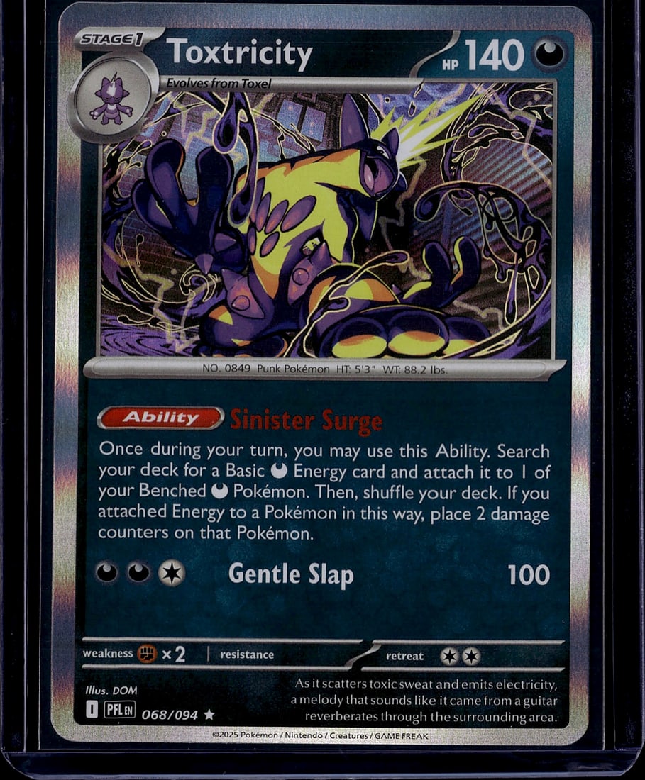 2025 Toxtricity ME02 Phantasmal Flames 068/094 Mi: Toxtricity (Amped Form) is a Darkness-type Stage 1 Pokemon card from the ME02: Phantasmal Flames expansion, released November 14, 2025. It features 140 HP, the Sinister Surge Ability, and the Gentle