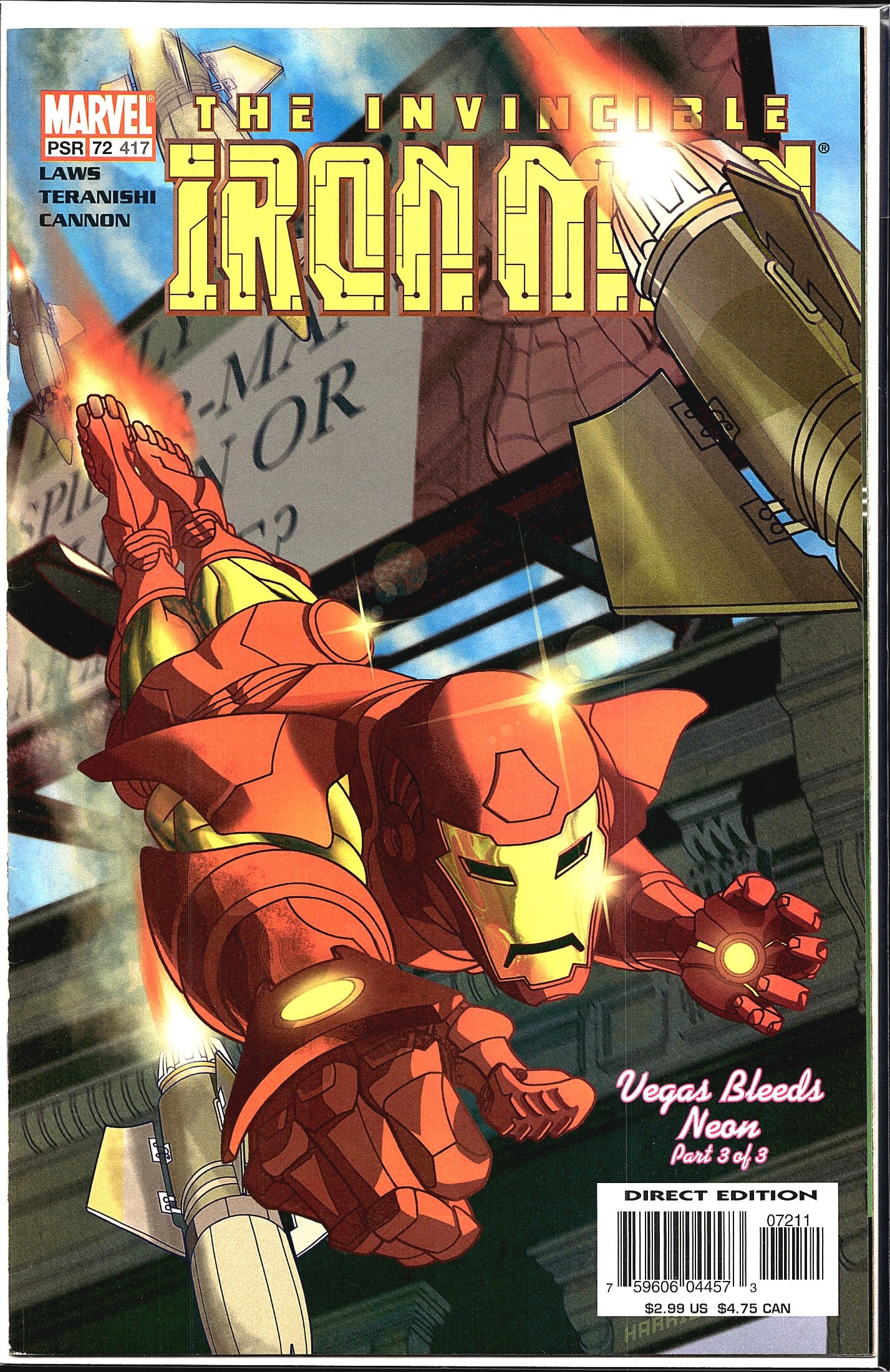 2003 Marvel Comics Invincible Iron Man Vol. 3 #72: The Invincible Iron Man #72 (issue #417 legacy numbering) published by Marvel Comics. This issue is part 3 of 3 of the 'Vegas Bleeds Neon' story arc, with credits to Laws (writer), Teranishi