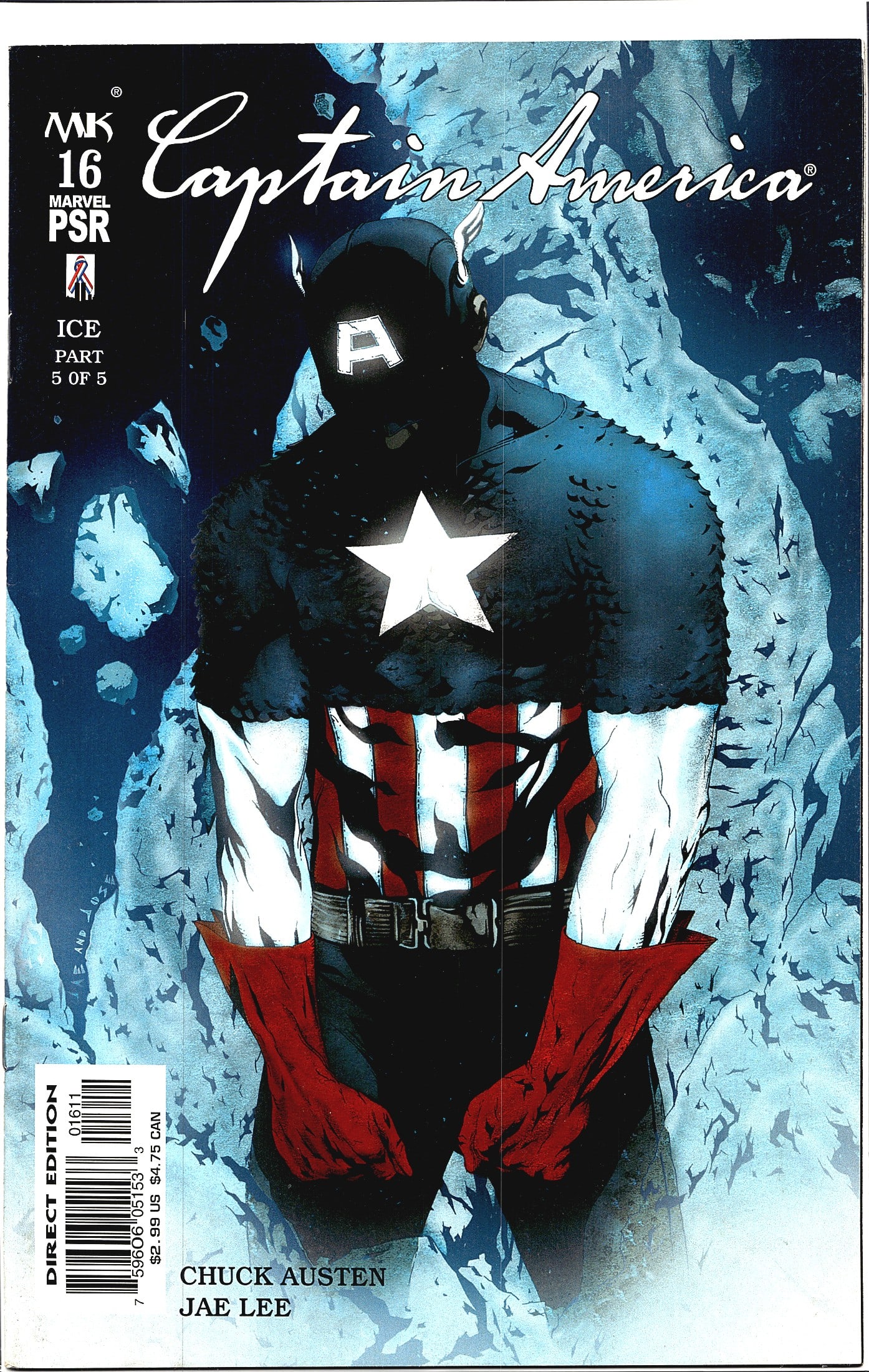 2003 Marvel Knights Captain America Vol. 4 #16 Co: Captain America #16 from Marvel's Marvel Knights imprint, published under the Marvel PSR rating. This issue is the fifth and final part of the 'Ice' story arc, written by Chuck Austen with art by Jae 