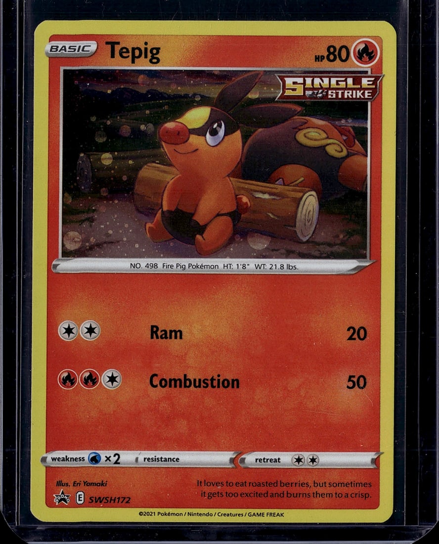 Tepig #498 Sword & Shield Pokemon Single Card Fir: This is a raw Pokemon single card featuring Tepig (No. 498), the Fire Pig Pokemon from the Sword & Shield set. The card displays excellent centering and vibrant color saturation typical of modern