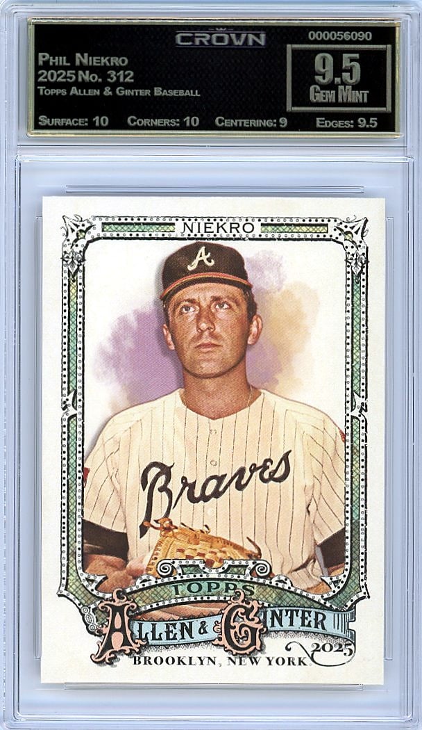 2025 Topps Allen & Ginter Phil Niekro #312 Crown: This is a 2025 Topps Allen & Ginter Baseball card featuring Phil Niekro, card number 312. Allen & Ginter is one of the most iconic and collectible sets in modern baseball card releases, known for its