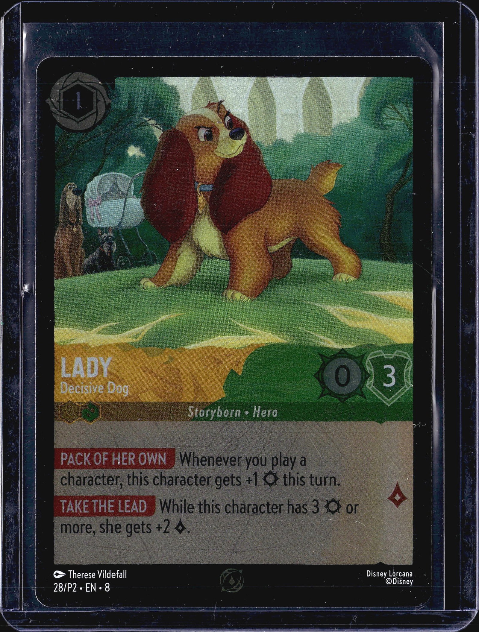 2024 Disney Lorcana Ursula's Return 28/P2 Cold Fo: This listing features Lady - Decisive Dog, card number 28/P2 from Disney Lorcana, illustrated by Therese Vildefall. The card is a Promo release (set code P2) and carries the Storyborn Hero classificat