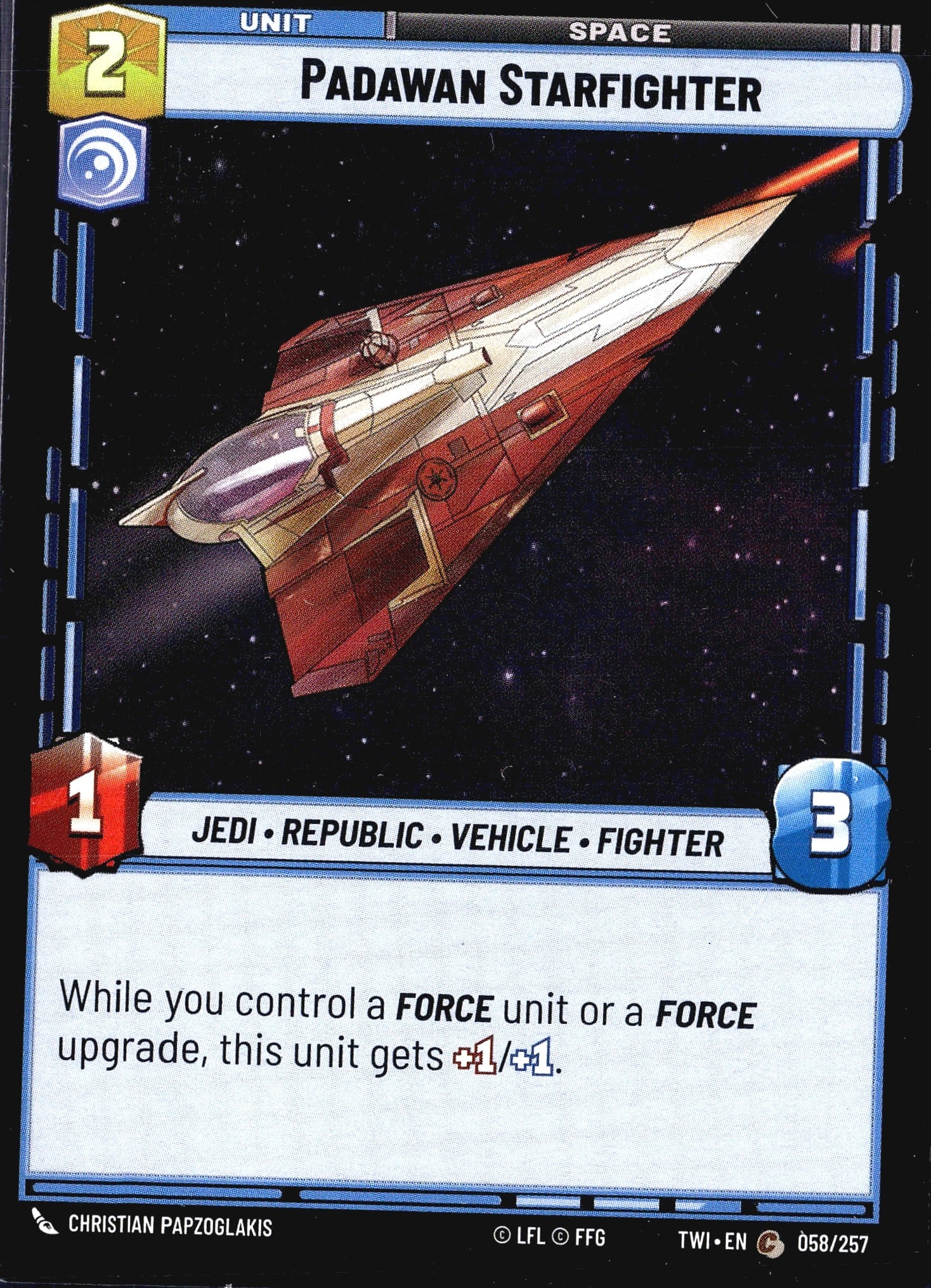 2024 Fantasy Flight Games Star Wars Unlimited Twi: This listing is for the Padawan Starfighter unit card (058/257) from the Star Wars Unlimited Trading Card Game set Twilight of the Republic (TWI). This Space-arena unit card costs 2 resources and