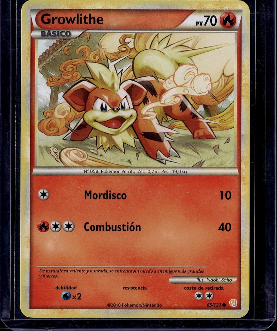2010 Pokemon Growlithe #058 HeartGold SoulSilver: This is a raw 2010 Pokemon Growlithe card (#058) from the HeartGold & SoulSilver expansion set. The card features vibrant artwork by Naoki Saito depicting the Fire-type Pokemon in excellent