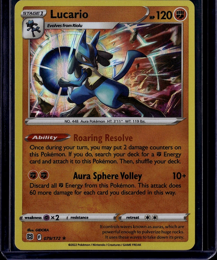 2022 Pokemon Lucario 079/172 Stage 1 Scarlet Viol: This is a 2022 Pokemon Trading Card Game Stage 1 Lucario card from the Scarlet & Violet set, card number 079/172. Lucario is depicted in dynamic action on the card illustration, showcasing its