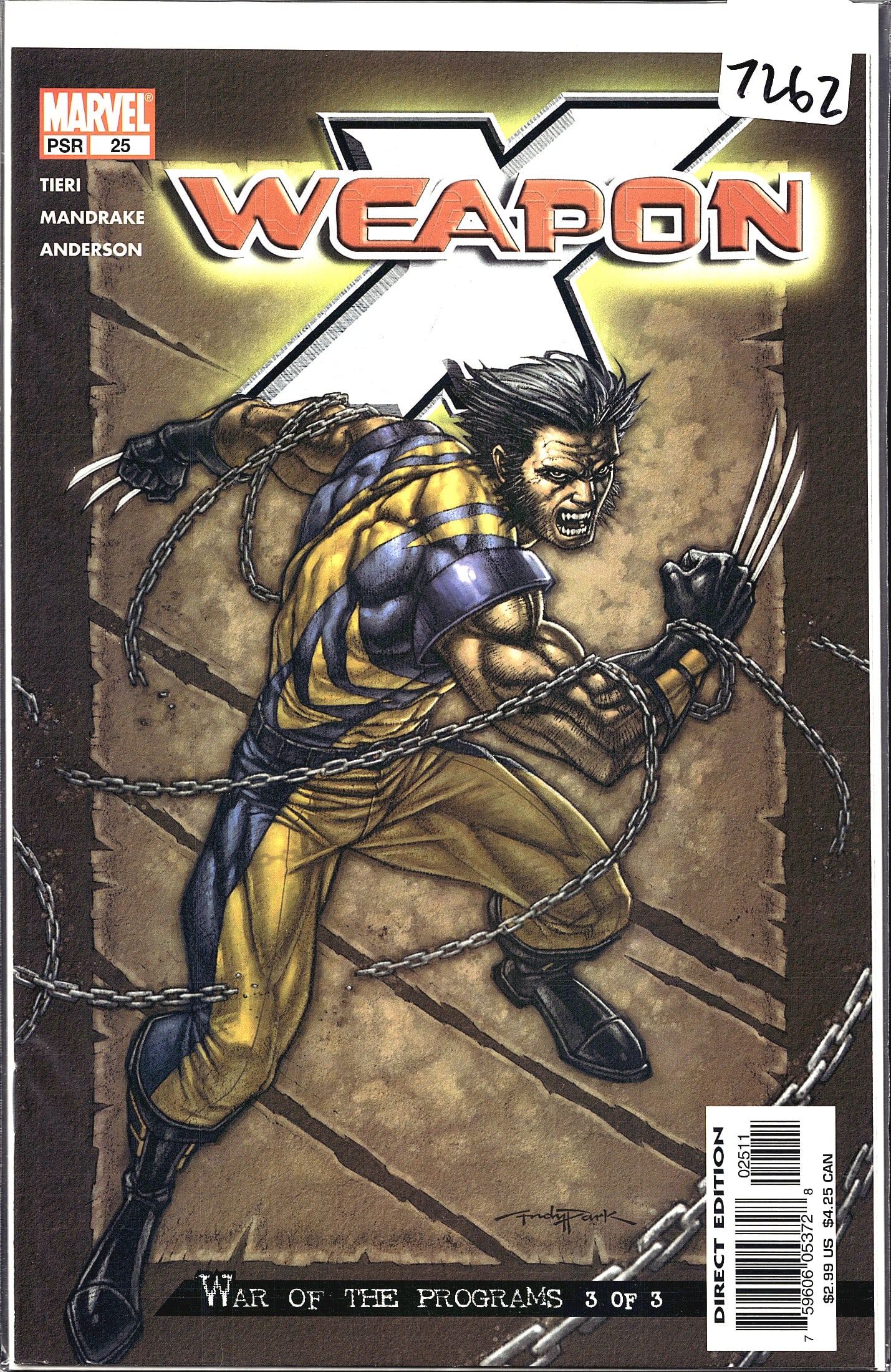 2004 Marvel Weapon X #25 Wolverine Comic Card: This is Weapon X #25 published by Marvel Comics, featuring the conclusion of the 'War of the Programs' story arc (Part 3 of 3). The cover art, signed by Judy Park, depicts Wolverine in his classic yel