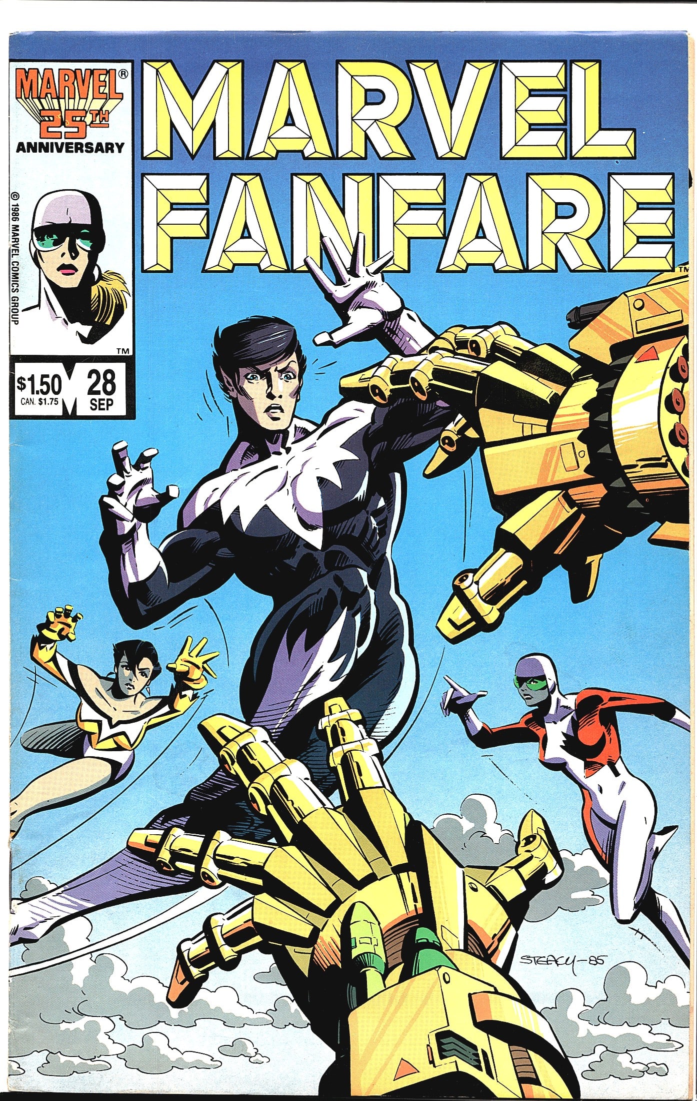 1986 Marvel Fanfare #28 Comic Book Marvel: Marvel Fanfare #28, published by Marvel Comics Group in September 1986 as part of their 25th Anniversary celebration. The cover, signed by artist Steacy and dated 1985, features a female hero in a