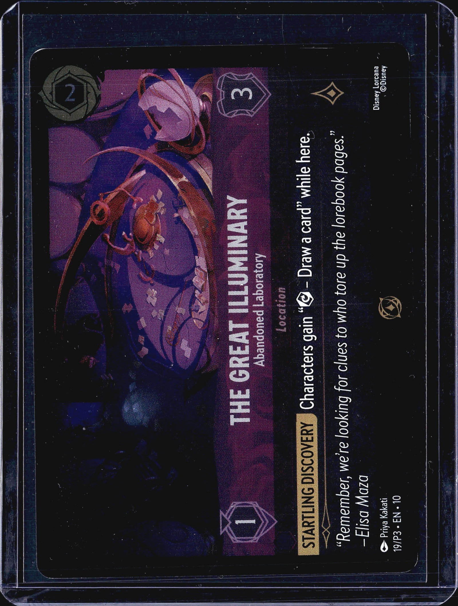 2023 Disney Lorcana Promo 19/P3 The Great Illumin: This listing features The Great Illuminary - Abandoned Laboratory, a Location card from Disney Lorcana, bearing card number 19/P3 and identified as EN10, indicating it is from the third promo set.