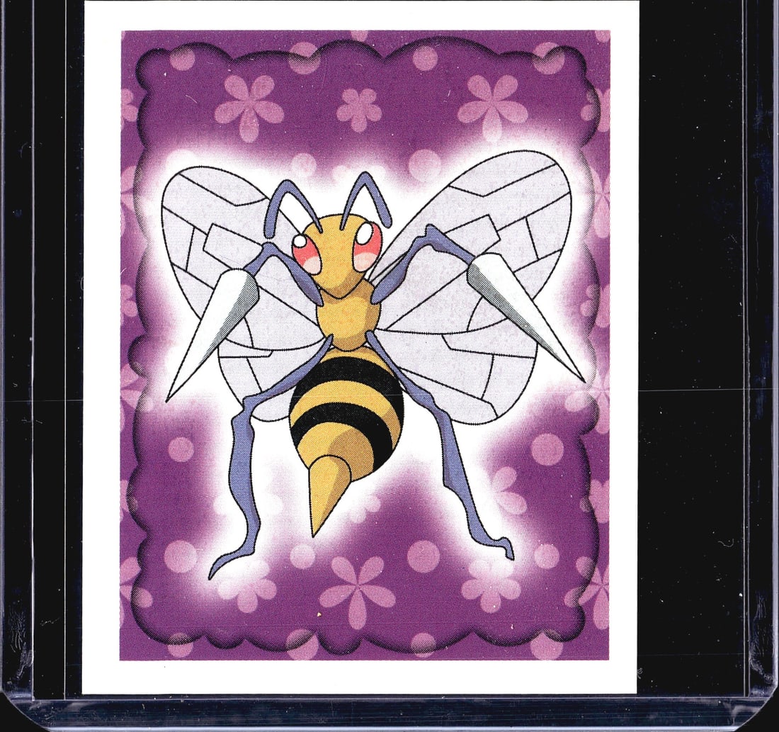 1999 Merlin Topps Pokemon Series 1 Stickers Beedr: This is sticker #15 from the 1999 Merlin Collections official Pokemon sticker series, featuring Beedrill on a purple floral background with a glowing halo effect. Merlin Collections was a licensed