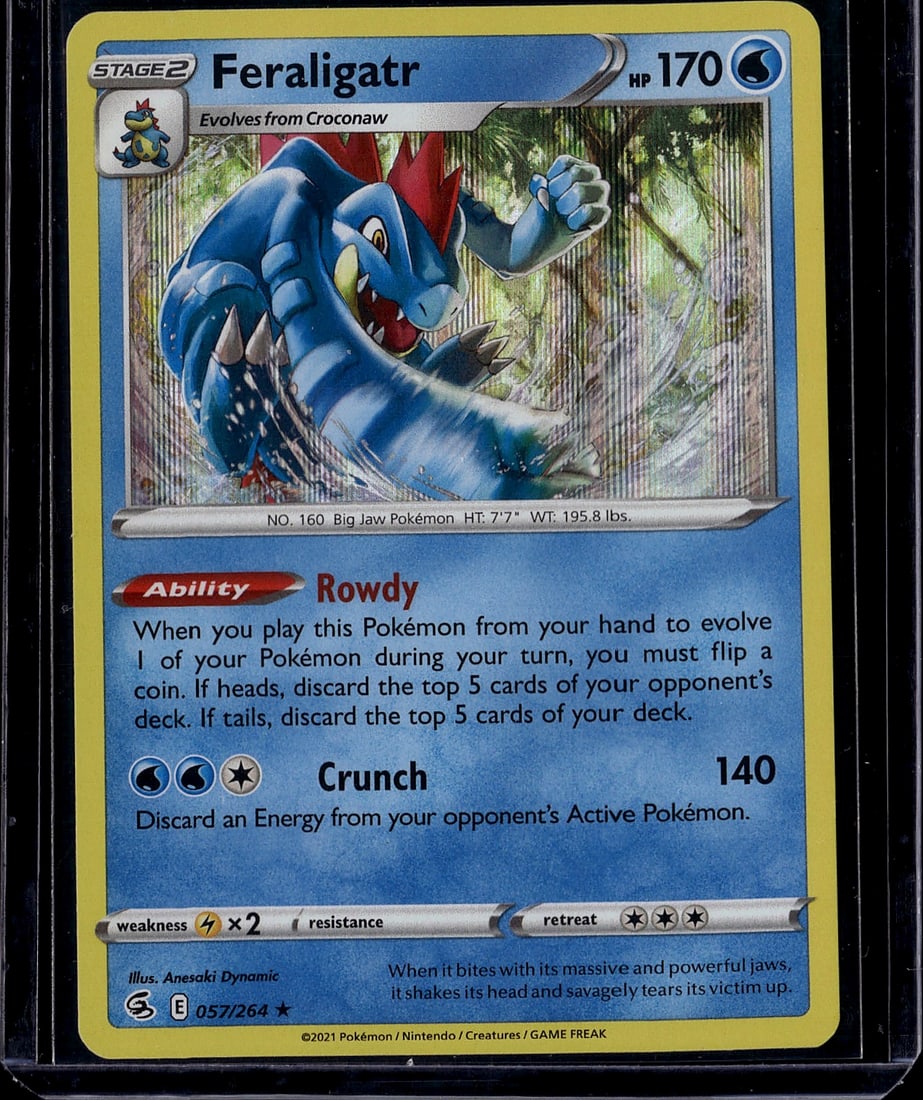 Feraligatr 057/264 Brilliant Stars Pokemon Card S: This is a raw Feraligatr Stage 2 Water-type Pokemon card from the 2021 Brilliant Stars set. Card number 057/264 features the Big Jaw Pokemon with 170 HP. The card showcases excellent artwork by