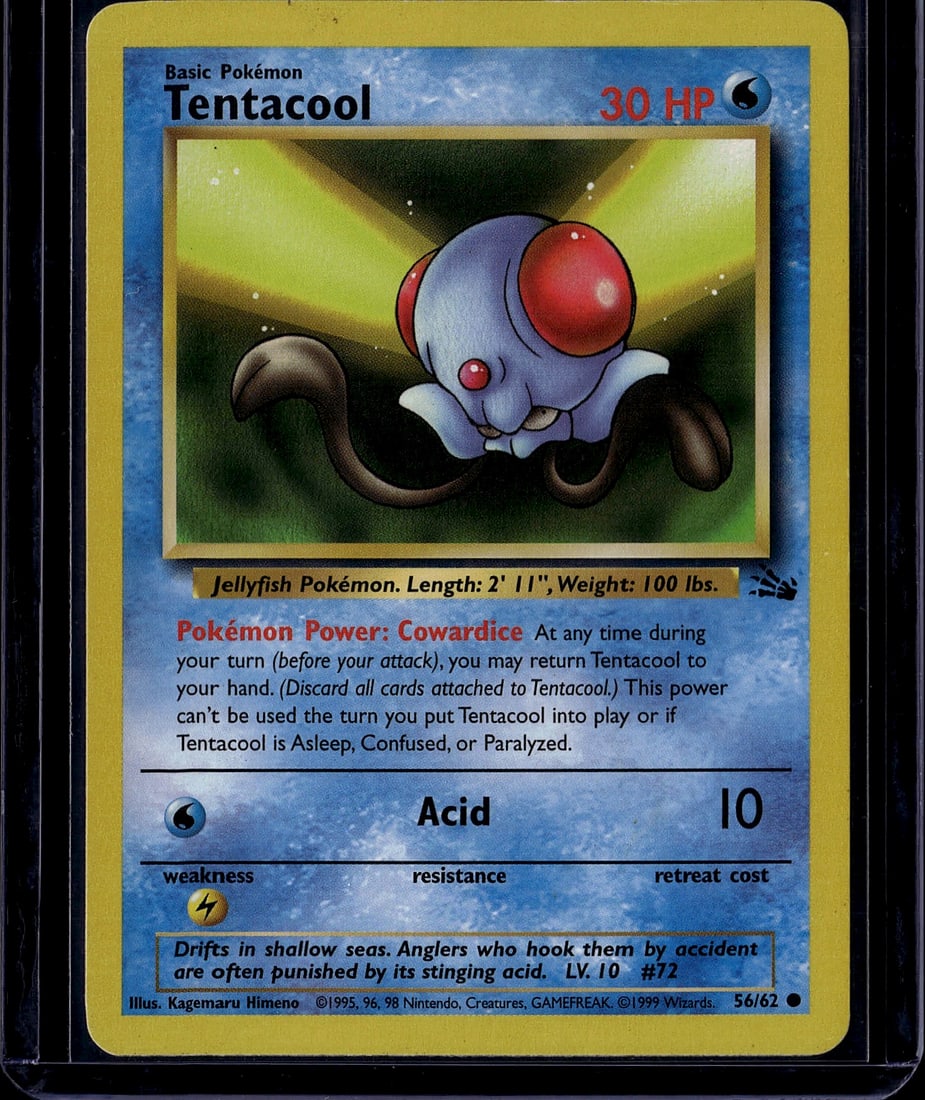 1999 Pokemon Base Set Tentacool 56/62 Raw Card -: This is an original 1999 Pokemon Trading Card Game Base Set Tentacool card (#56/62). Illustrated by Kagemaru Himeno, this Water-type Basic Pokemon features the iconic jellyfish design with its distinc