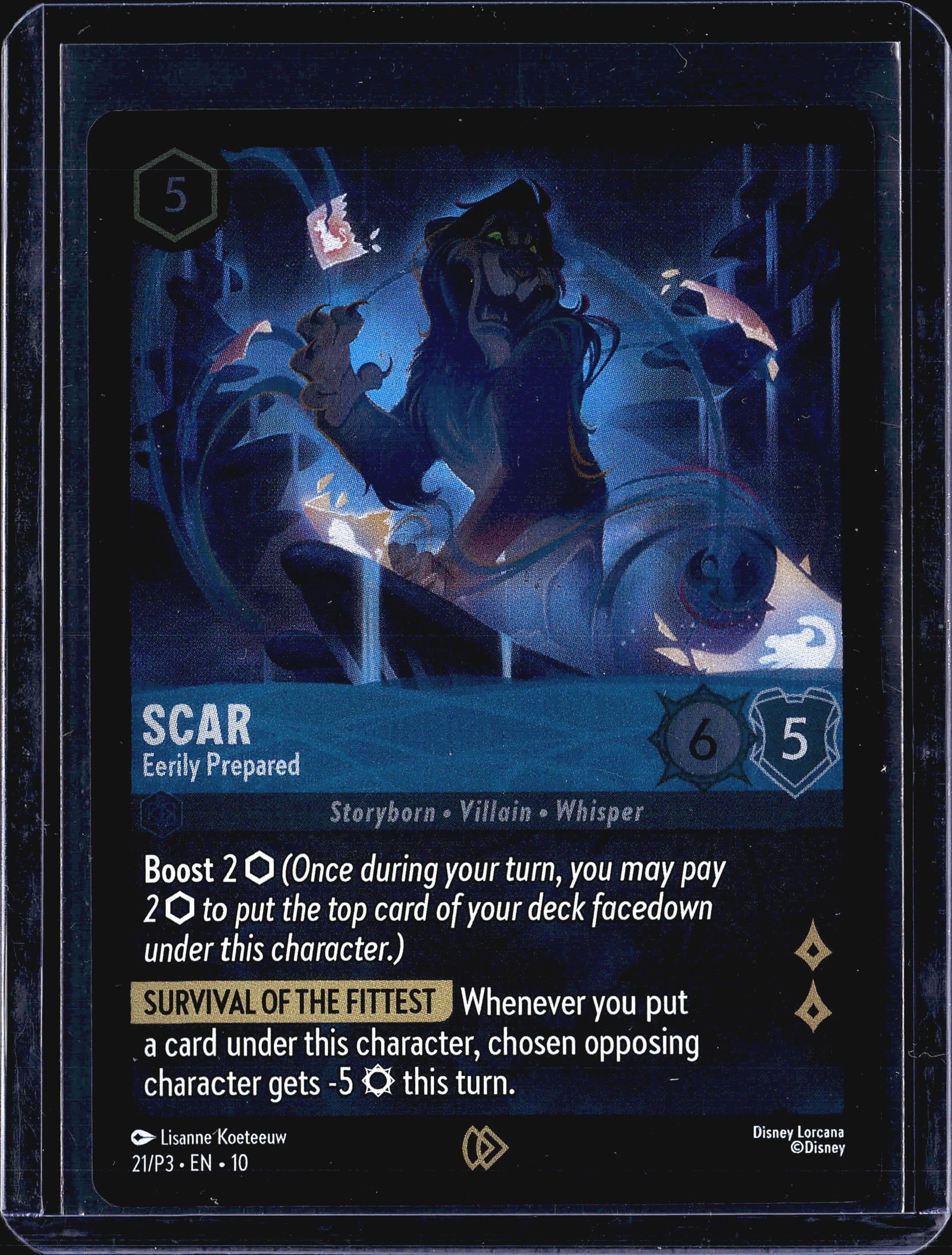 2023 Ravensburger Disney Lorcana Scar 21/P3 Promo: This listing features Scar - Eerily Prepared, card number 21/P3 from the Disney Lorcana trading card game, published by Ravensburger under the Disney license. The card is classified as Storyborn,