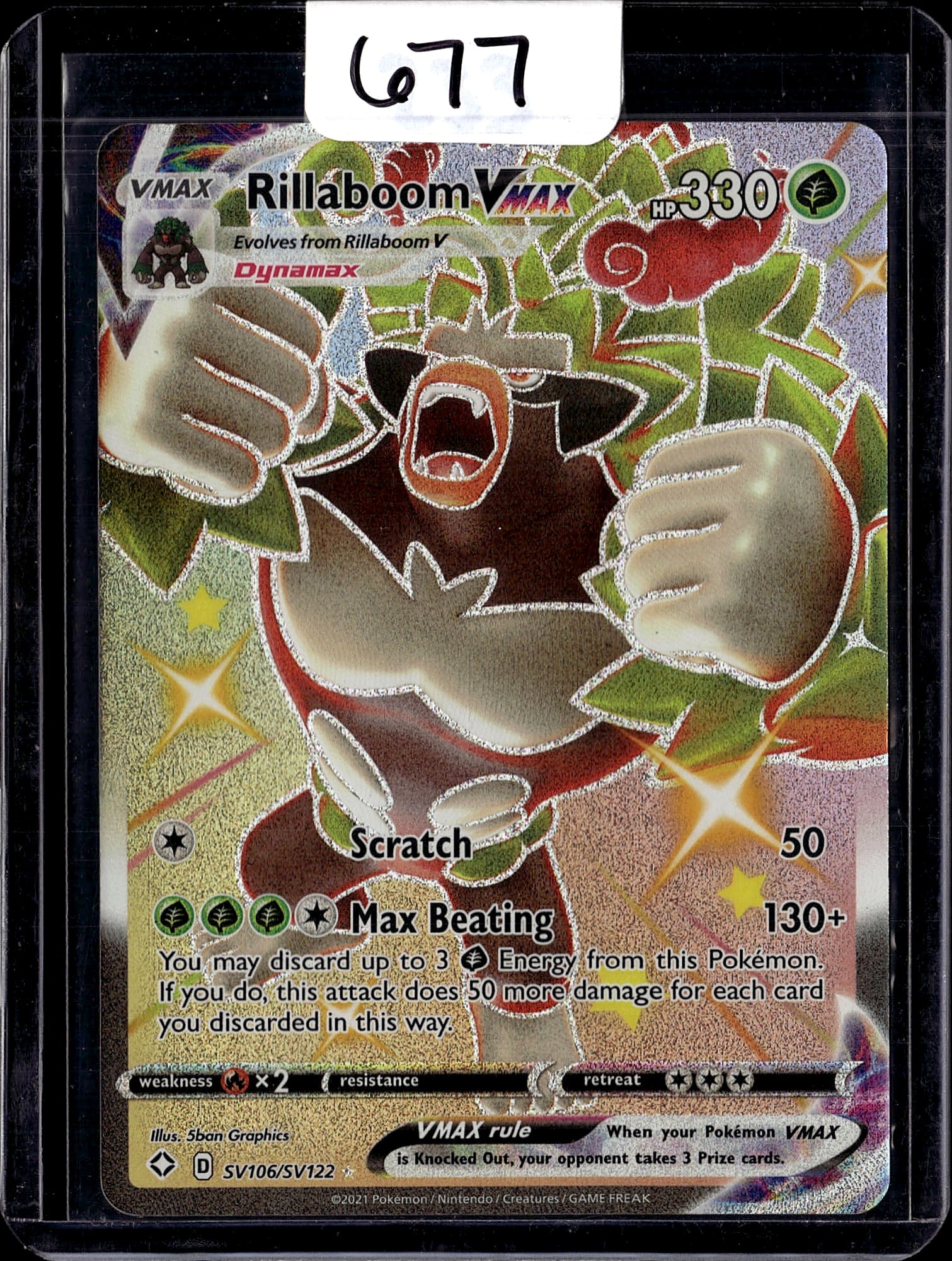 2021 Shining Fates Rillaboom VMAX SV106/SV122 Pok: This is a Rillaboom VMAX Pokemon trading card from the Sword & Shield era, featuring the Grass-type Pokemon evolution. The card displays 330 HP and showcases vibrant full-art artwork with excellent