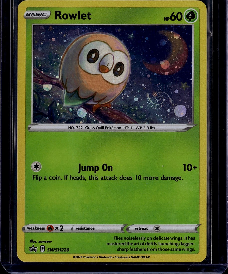 2022 Pokemon Sword Shield Black Star Promo Rowlet: Rowlet SWSH220 is a Basic Grass-type Pokemon promo card with 60 HP, released in 2022 as part of the Sword & Shield Black Star Promo series (included in the Spring 2022 Collector Chest). It features