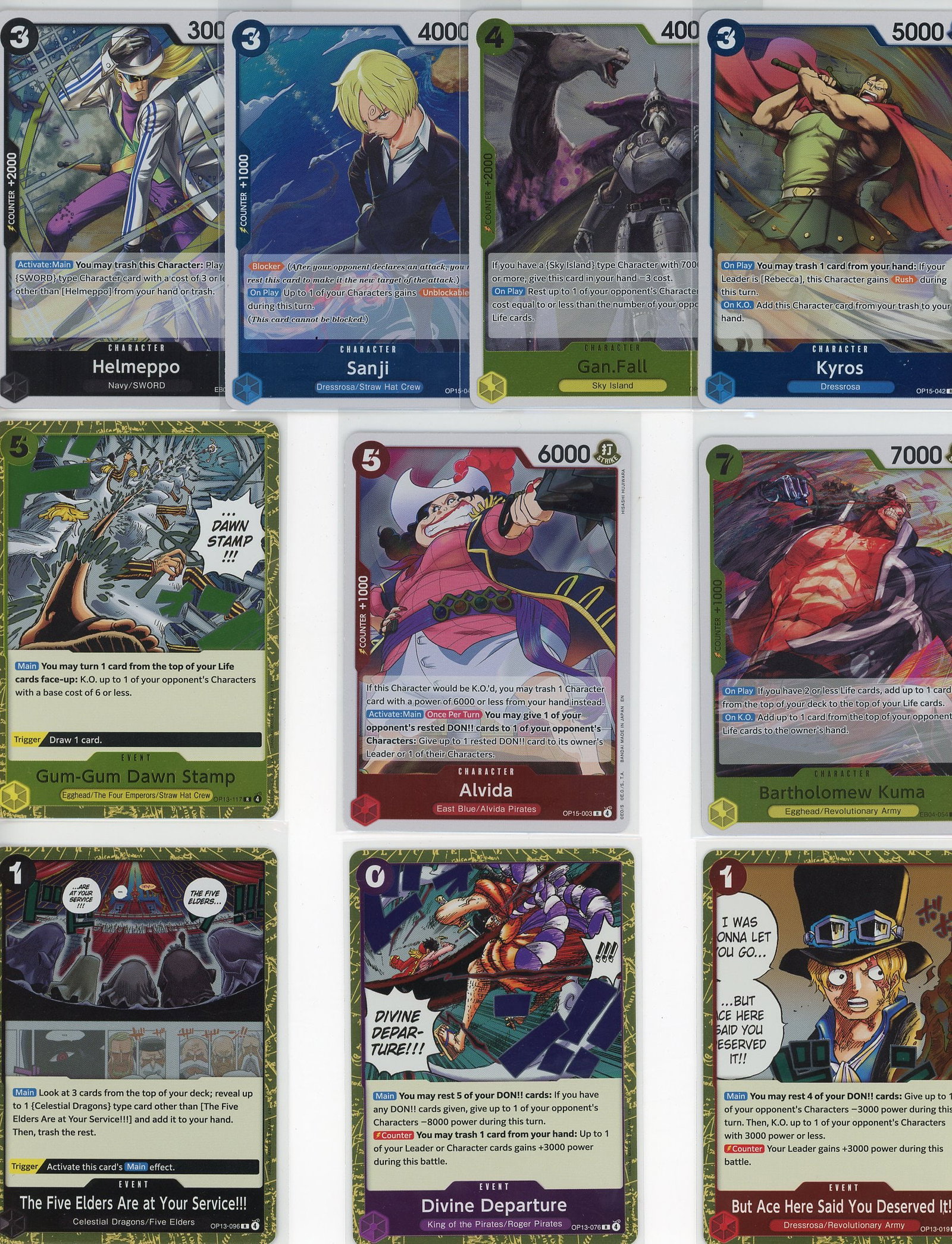 Lot of 10 One Piece Foil Trading Cards - Bandai T: This lot includes 10 foil cards from the Bandai One Piece Trading Card Game. The collection features a mix of character cards including notable figures like Helmeppo, Sanji, Gan.Fall, Kyros, Alvida,