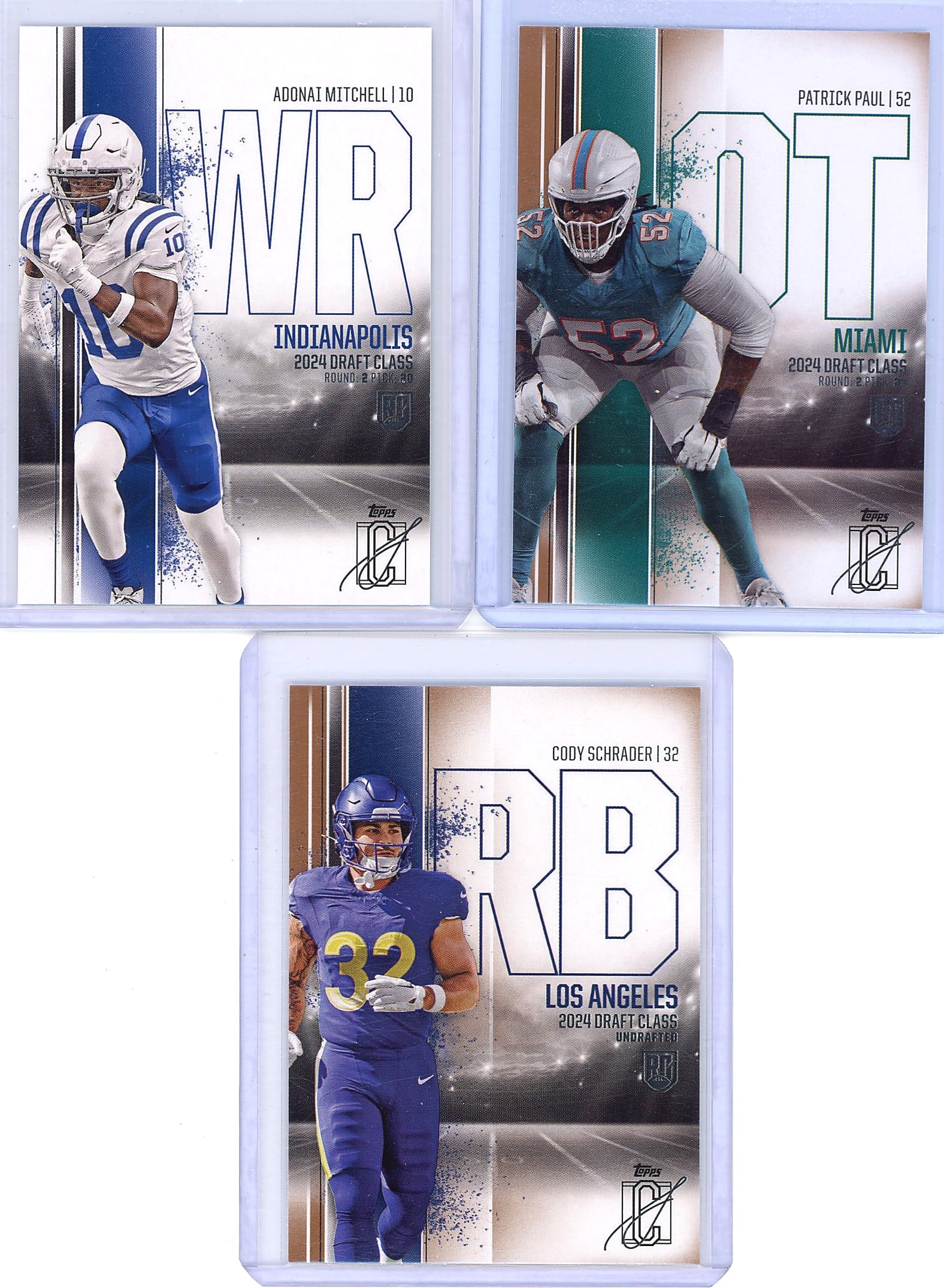 2024 Topps Draft Class Football Cards #119 #149 #: This lot includes three cards from the 2024 Topps Draft Class football set: card #119 (Adonai Mitchell), card #149 (Patrick Paul), and card #177 (Cody Schrader). All three cards are in Mint