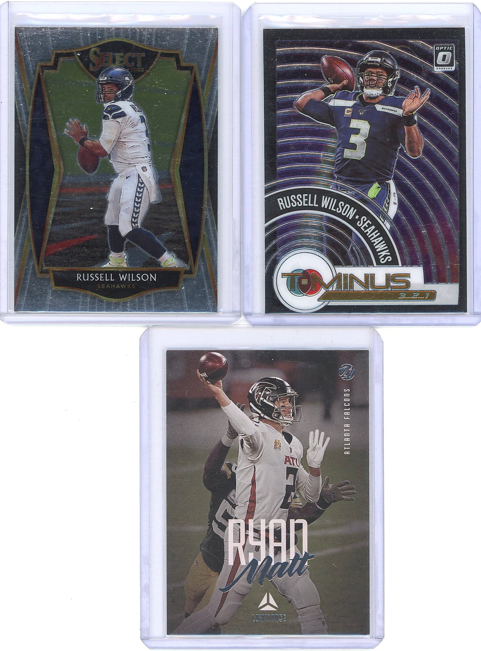 2020 Panini Select Russell Wilson #103 Football C: This lot contains 5 raw NFL football cards featuring Seattle Seahawks QB Russell Wilson and Atlanta Falcons QB Matt Ryan from 2020 Panini releases. Includes Select Football base card (No. 103), Optic 