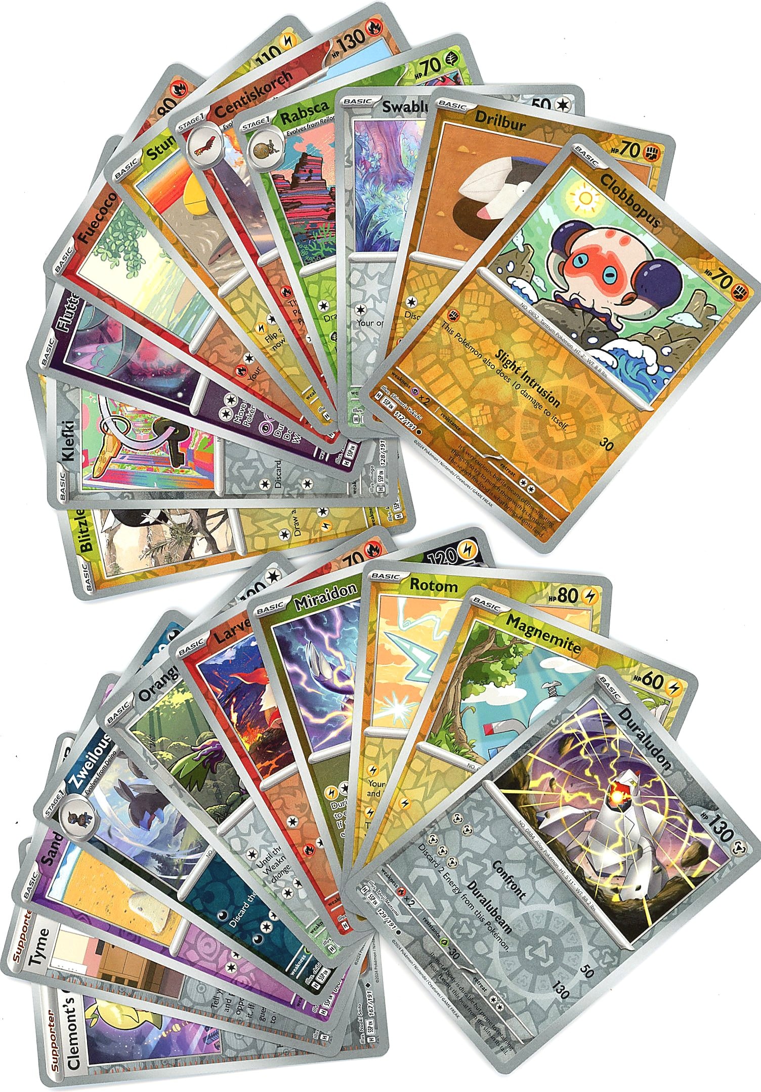 Lot of Reverse Holo Pokemon Cards: Large lot of raw Pokemon singles spanning multiple modern sets and eras. Cards visible include Basic, Stage 1, and Stage 2 Pokemon as well as Trainer and Energy cards. Reverse holo variants represente